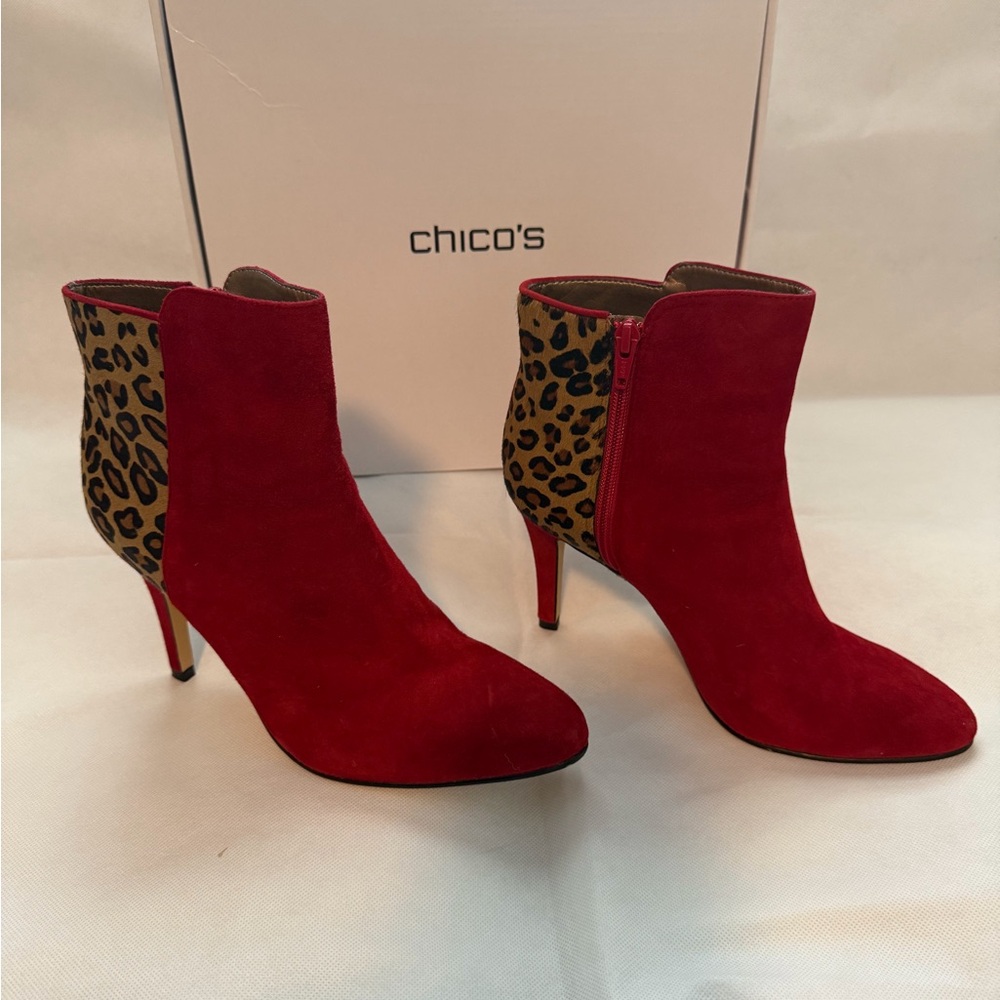Chico's Red and Leopard suede Ankle Boots - beautiful!!